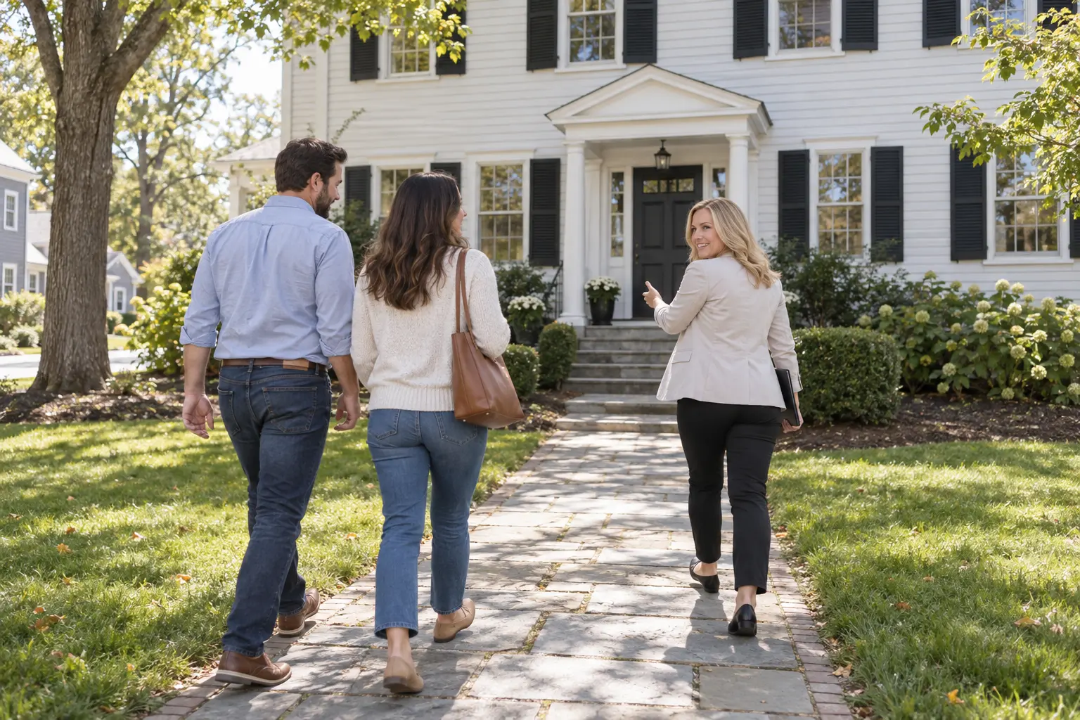 Home buyers viewing a New England home with a real estate agent