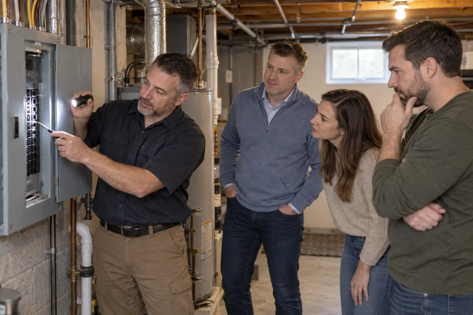 Home buyers attending a home inspection before completing their purchase