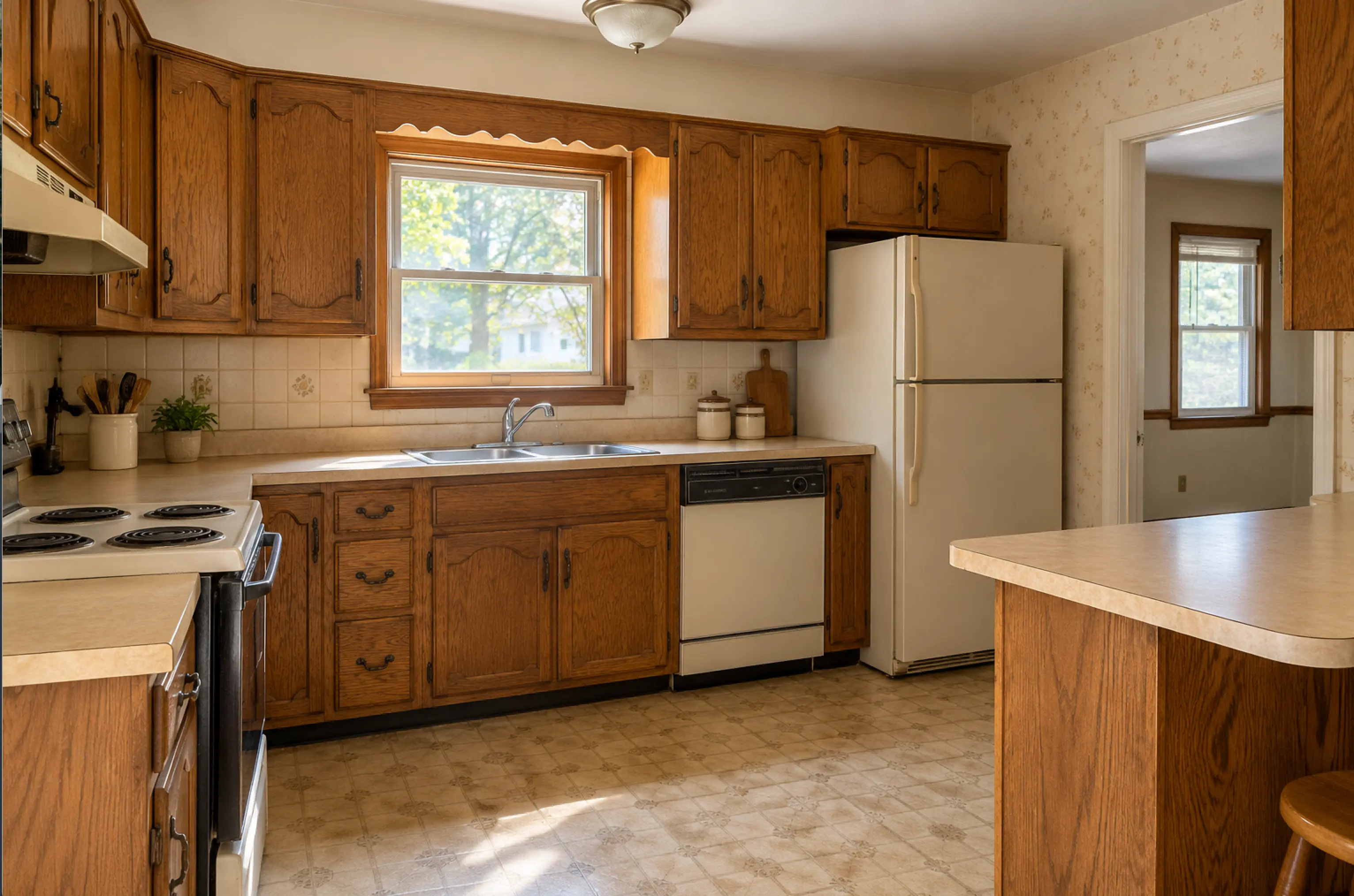 Older residential kitchen with wood cabinets and outdated finishes.
