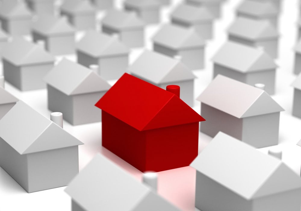 Red Home Among Gray Homes