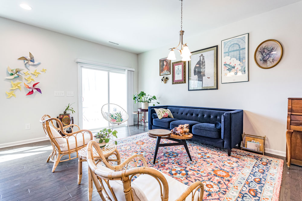 fully furnished, light colored living room