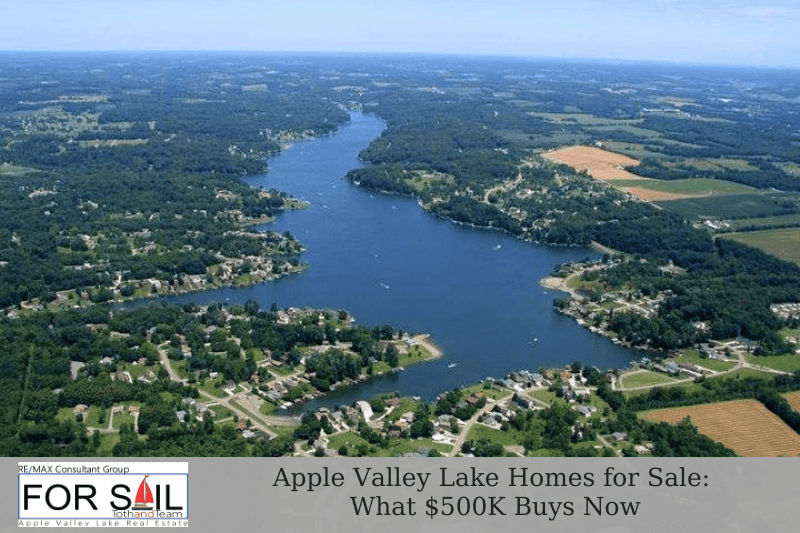 Aerial view of Apple Valley Lake in Ohio showing waterfront homes, wooded neighborhoods, farmland, and the lake community for Apple Valley Lake homes for sale around $500K.