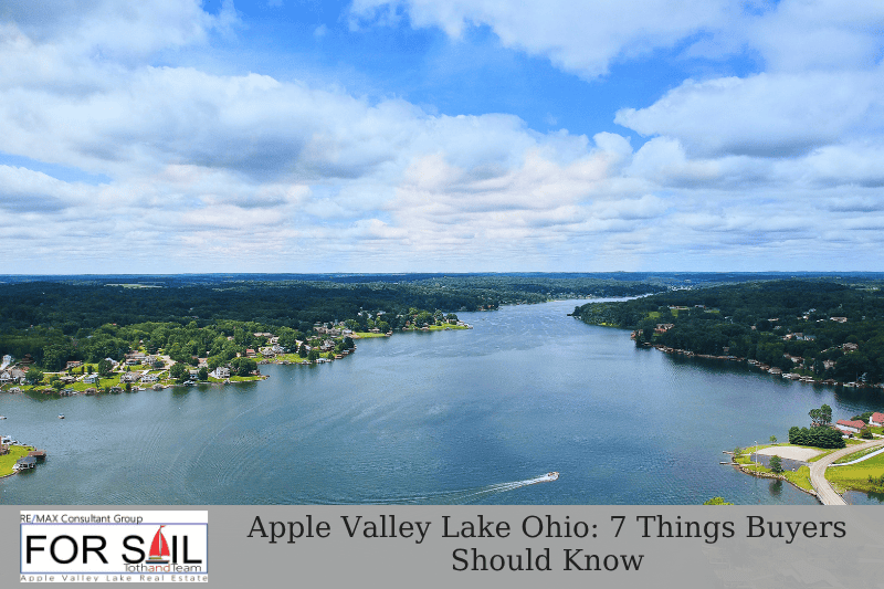 Aerial view of Apple Valley Lake, Ohio, showing the shoreline dotted with homes, green wooded areas, and boats on the water. Overlaid text reads “Apple Valley Lake Ohio: 7 Things Buyers Should Know” with the RE/MAX Consultant Group logo in the corner, representing a buyer’s guide to the lake lifestyle.