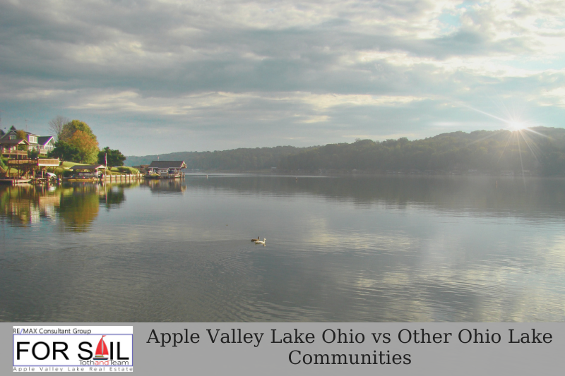 Apple Valley Lake Ohio at sunrise with calm water, wooded shoreline, lakefront homes, docks, and a soft sky, used as the featured image for a blog comparing Apple Valley Lake Ohio with other Ohio lake communities for buyers considering private lake living.