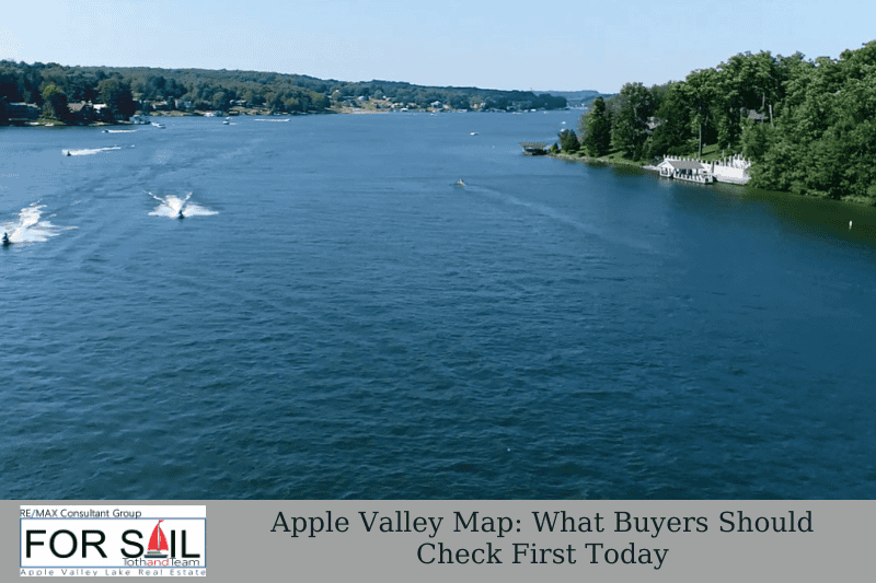 Aerial view of Apple Valley Lake in Ohio with boats on the crystal clear water, tree lined shoreline, lakefront homes, and title text for Apple Valley Map: What Buyers Should Check First Today.