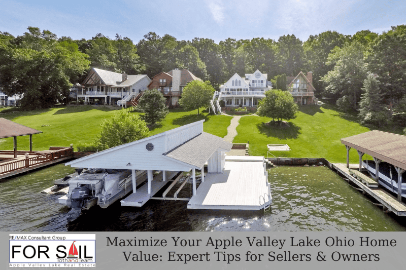 Waterfront homes with private docks along the shoreline of Apple Valley Lake Ohio in a scenic residential lake community.