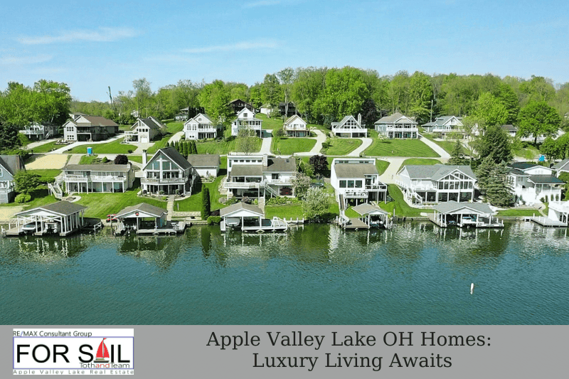 Aerial view of Apple Valley Lake real estate in Ohio featuring luxury lakefront homes with private docks and waterfront views.