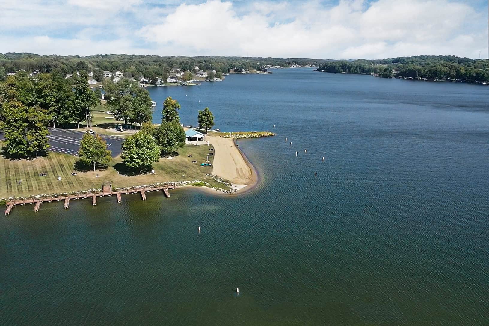 Aerial view of Sutton Beach, its pavilion and docks along Apple Valley Lake, Ohio.