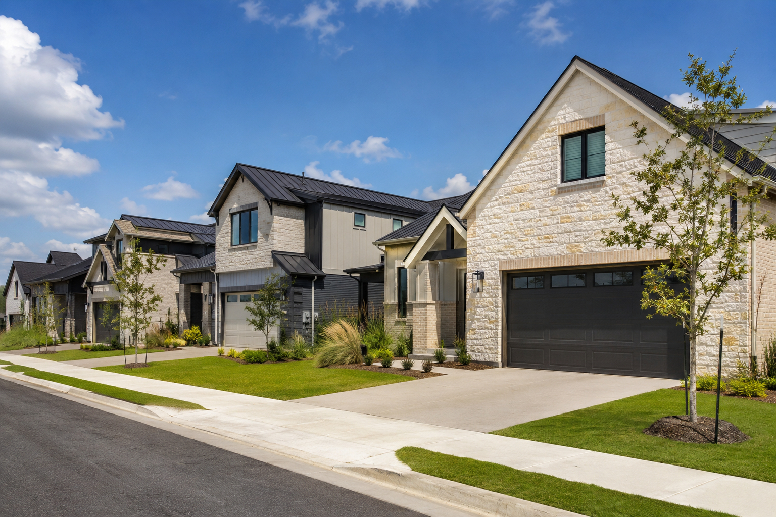 New construction homes with modern architecture in an Austin, Texas, residential community.