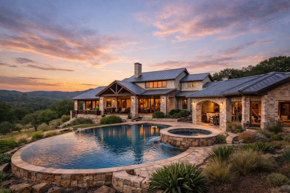 Luxury Hill Country home in Boerne TX with infinity pool, limestone exterior, and sunset views over rolling hills