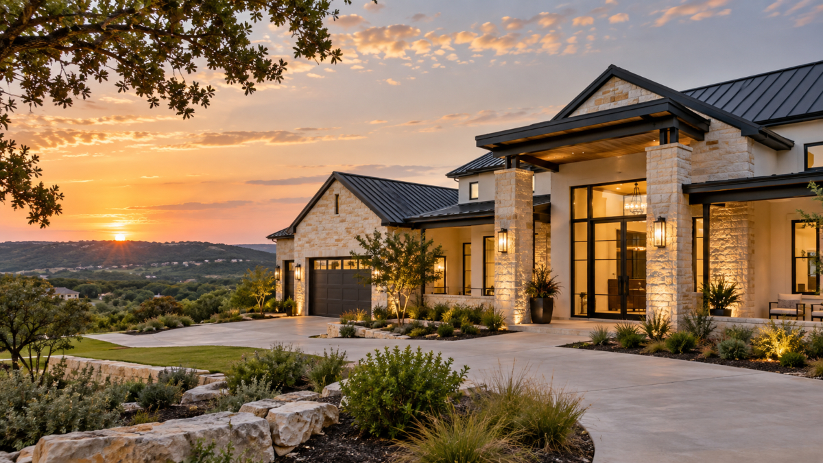 New construction home in Boerne, TX, featuring Hill Country architecture and native landscaping