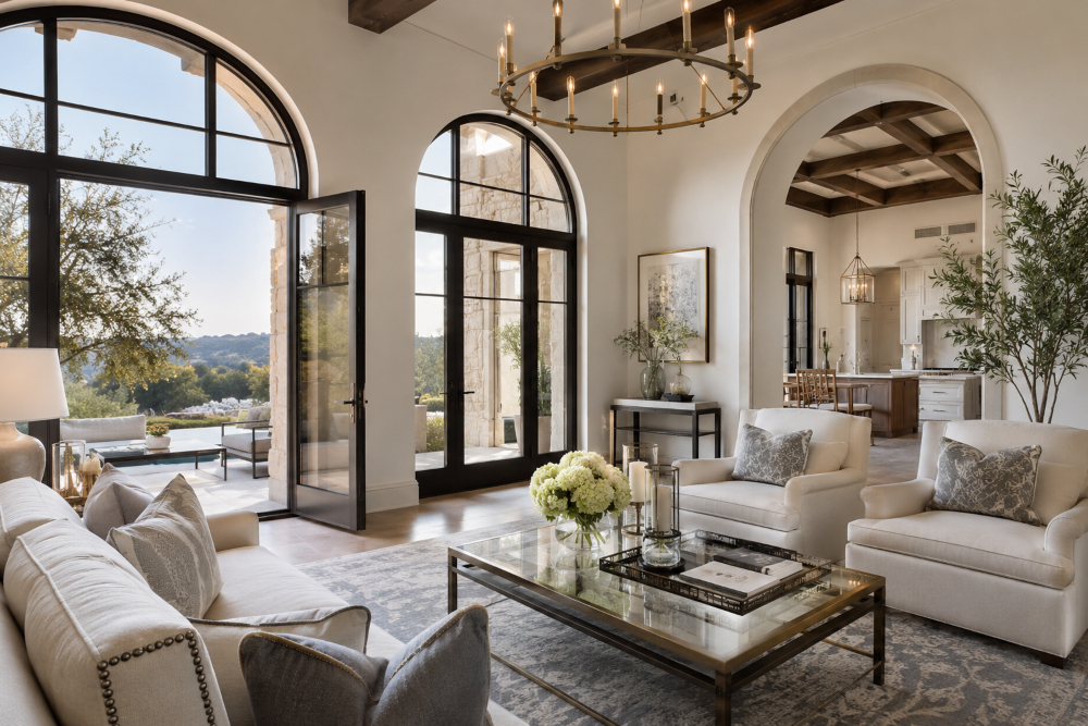 Luxury Texas home with an open-concept living room, arched windows, outdoor patio, pool, and Hill Country views.
