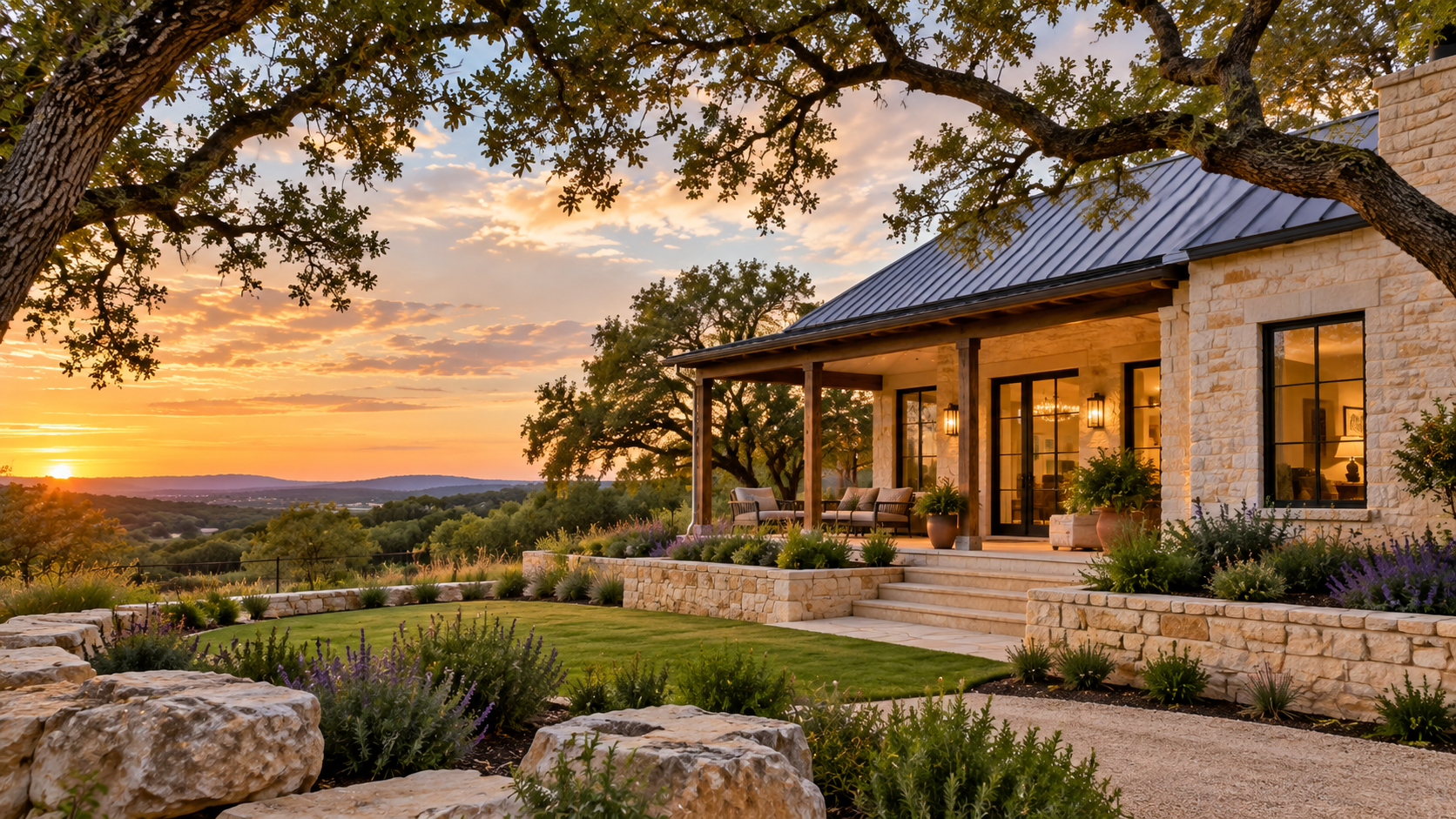 Hill Country home in Fredericksburg, TX, with limestone exterior, oak trees and landscaped grounds