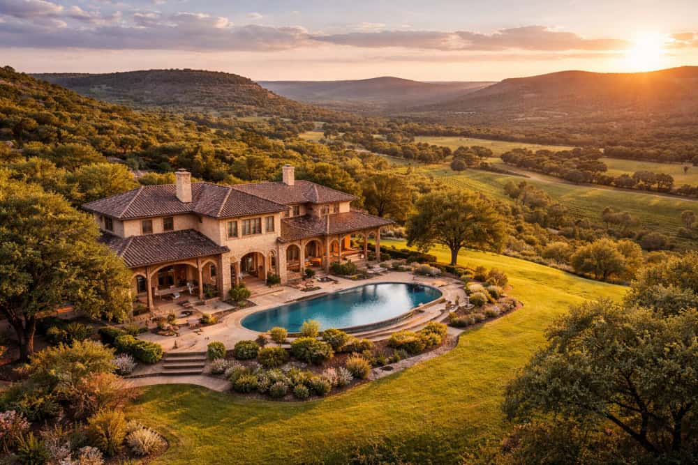 Luxury Hill Country estate with pool overlooking rolling Texas landscape at sunset