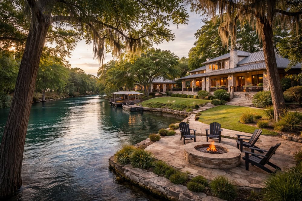 Riverfront home in New Braunfels TX along the Guadalupe River with stone patio, fire pit, and scenic cypress-lined waterway