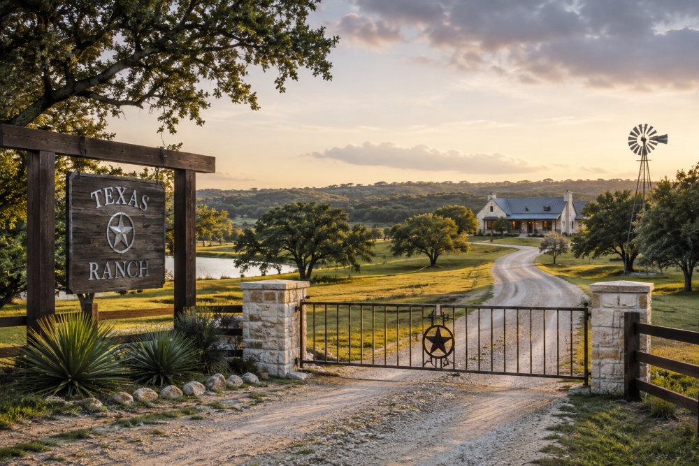 Texas ranch entrance with a gated drive, farmhouse, pond, windmill, and rolling Hill Country landscape at sunset.
