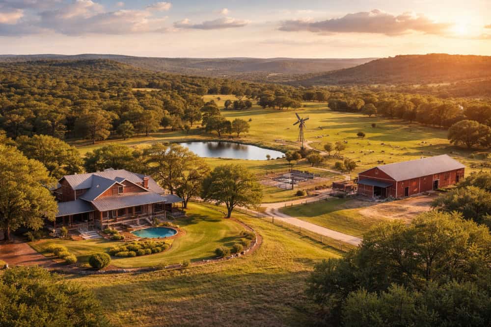 Luxury Texas Hill Country ranch with rolling pastures, ranch home, barn, and water features at sunset