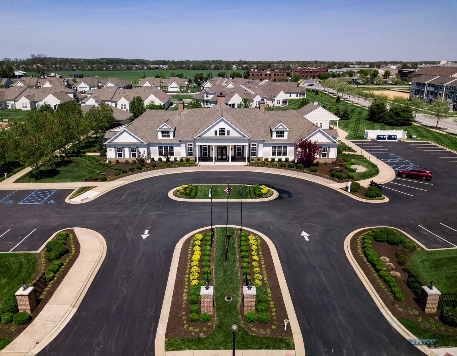 Drone view of the Spring Arbor clubhouse and its circular drive