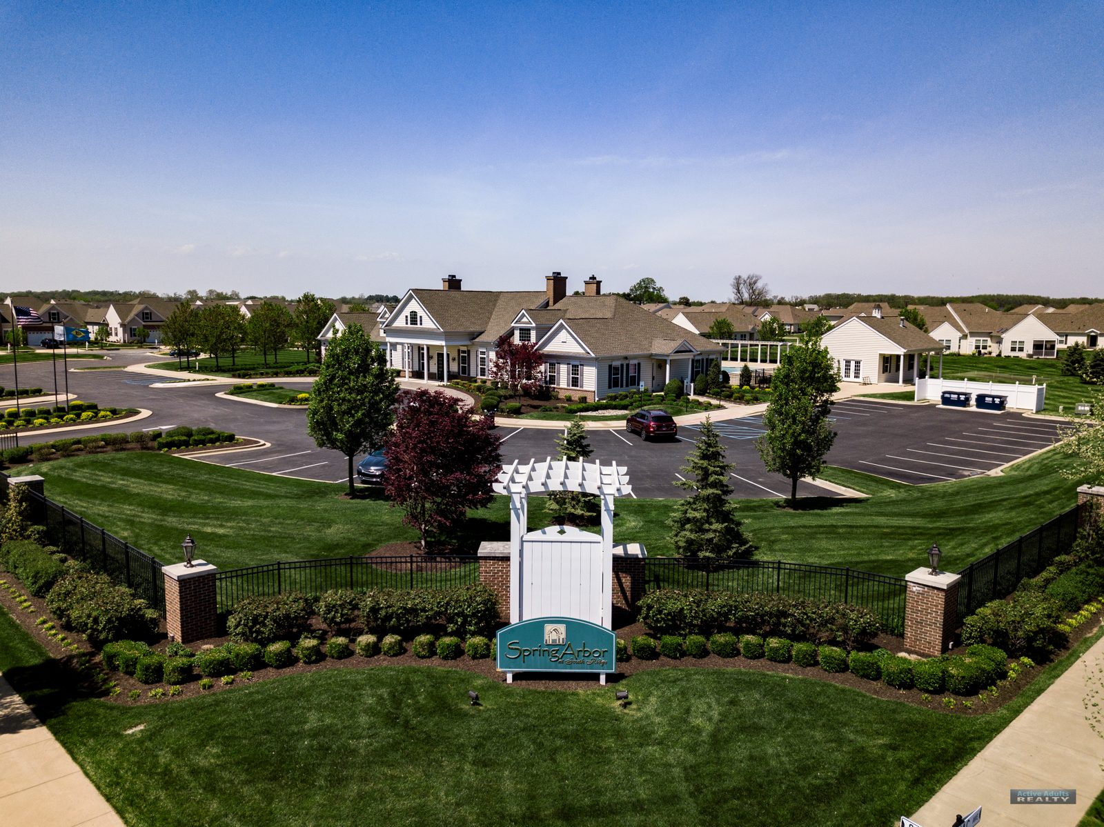 Drone view of the Spring Arbor entrance looking toward the clubhouse