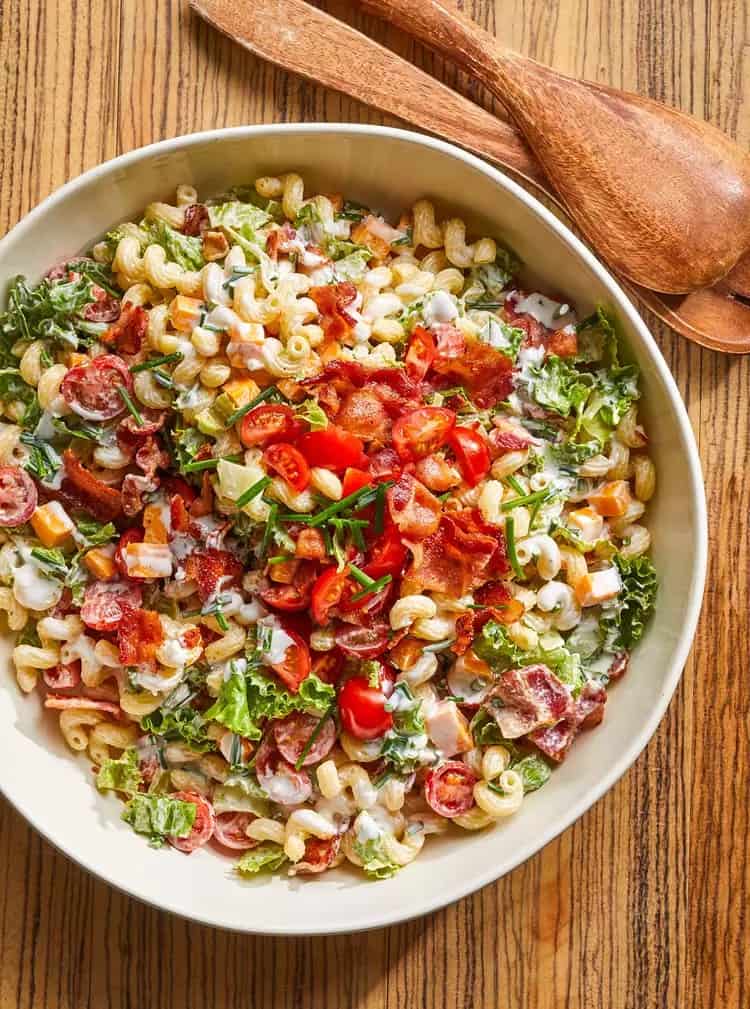 creamy BLT pasta salad in a bowl