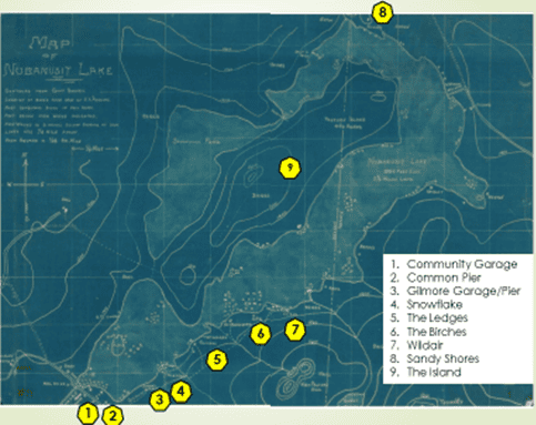Howard Gilmore’s Map with points of interest, including his four camps, including The Birches at 138 Miller Drive (#6), community garage, and community pier in Nelson, NH.