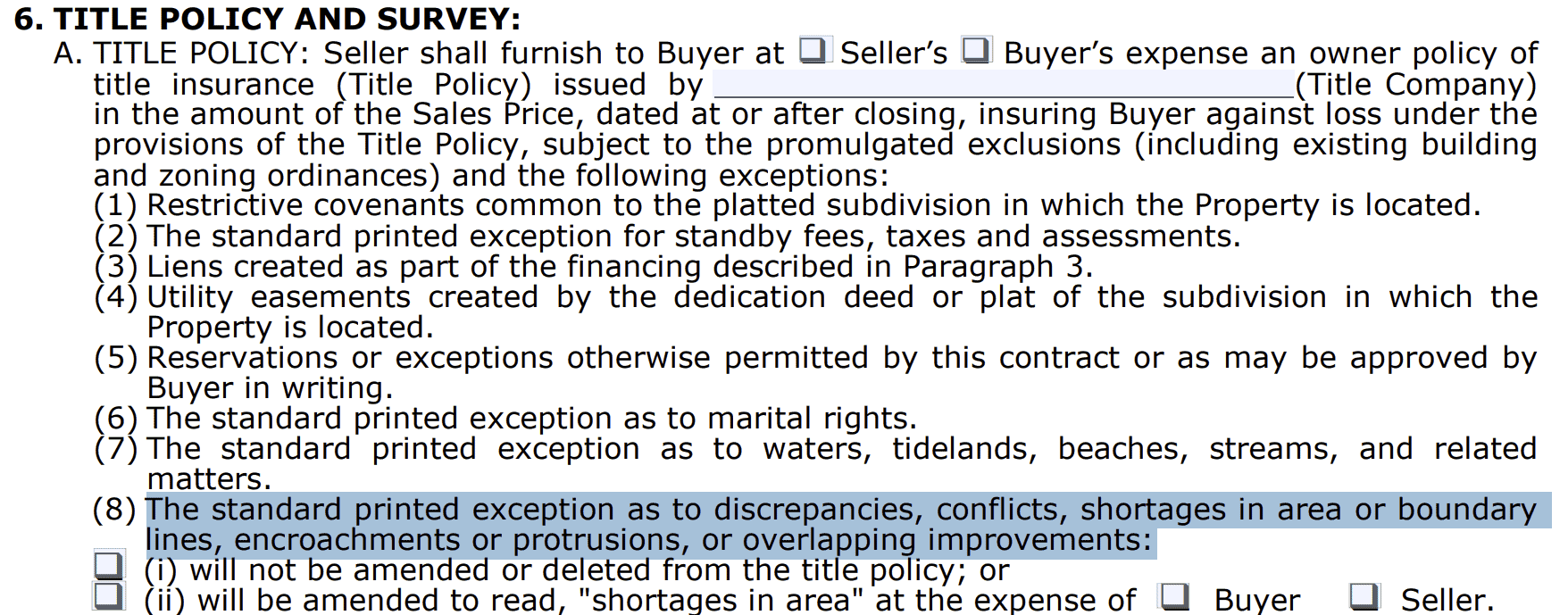 Image of TREC Contract Paragraph 6A related to the title insurance policy