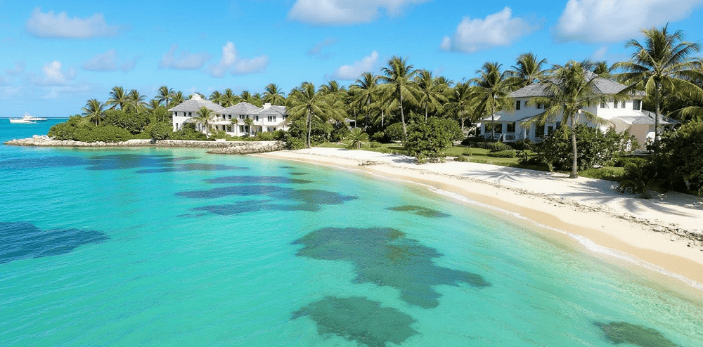  White sand beach with turquoise water, palm trees, and several white villas under a blue sky with scattered clouds—an idyllic scene in Lyford Cay, Bahamas.