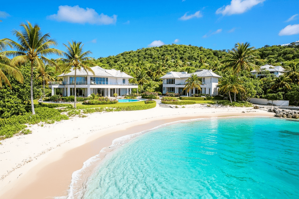 Two modern beachfront villas in Lyford Cay, Bahamas sit on a white sand beach, surrounded by palm trees and lush green hills, overlooking clear turquoise water under a bright blue sky.