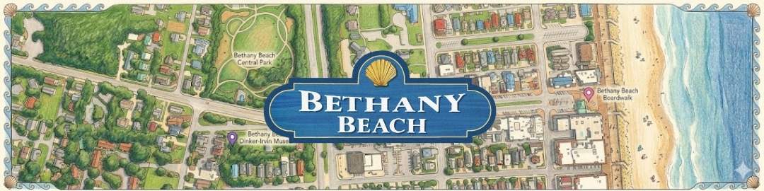 A panoramic, hand-drawn map of Bethany Beach featuring a charming, illustrated style. In the center, a large blue badge with a gold seashell icon displays the text &quot;BETHANY BEACH&quot; in white serif font. The map shows green residential areas with small houses, &quot;Bethany Beach Central Park,&quot; the &quot;Bethany Dinker-Irvin Museum,&quot; and the &quot;Bethany Beach Boardwalk&quot; along a sandy coastline with blue ocean waves. The entire image is framed by a decorative border with a wave pattern.