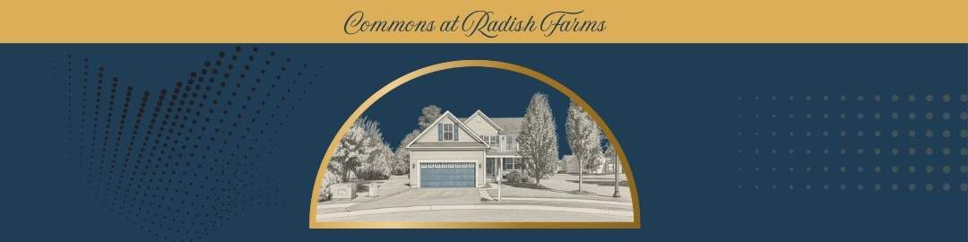 A photograph of a light gray two-story suburban house with blue accents on the shutters and garage door, situated on a cul-de-sac. There are mature trees on both sides of the driveway, and the sky is bright blue.