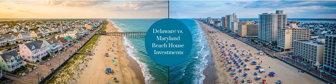An aerial split-screen photograph comparing Rehoboth Beach, Delaware, on the left—featuring a classic wooden pier and pastel houses in warm golden light—with Ocean City, Maryland, on the right, showcasing a dense skyline of high-rise condos and an umbrella-packed beach in cool blue light.