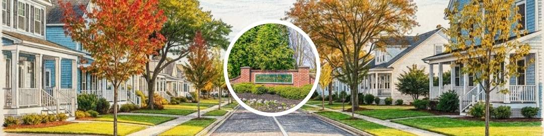 A full-color architectural sketch of a peaceful suburban street in autumn. Rows of coastal-style homes with white porches line a clean asphalt road. Vibrant red, orange, and yellow trees stand against a bright blue sky marked by a long white contrail.