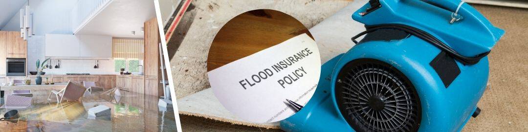 "Flooded kitchen with standing water beside a peeled-back carpet showing a flood insurance policy document and a blue air mover drying equipment.