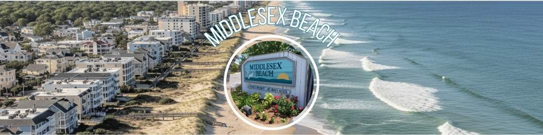 Aerial view of the Middlesex Beach coastline and oceanfront homes featuring an inset photo of the community entrance sign.