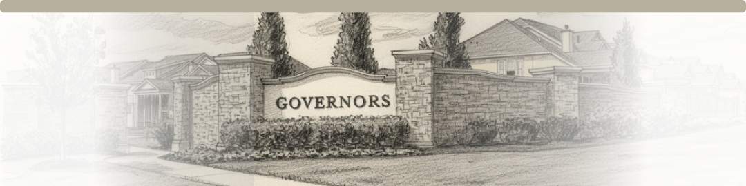 Hand-drawn pencil sketch of the Governors community entrance monument sign featuring stone pillars, manicured landscaping, and luxury suburban homes in the background.