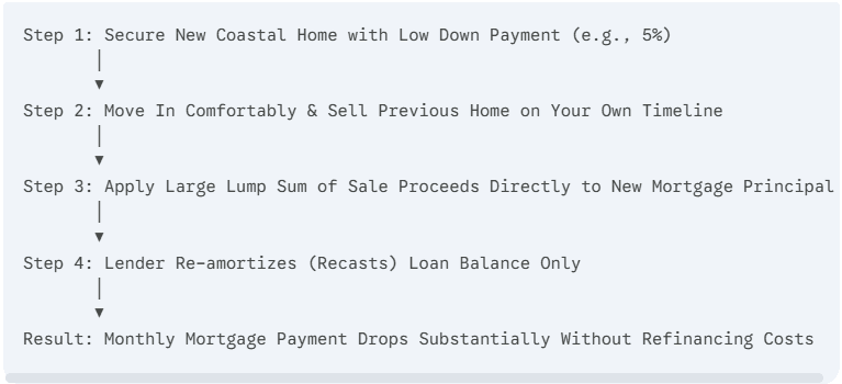 A vertical step-by-step flowchart diagram detailing the home loan recasting process for a coastal real estate purchase. The flowchart maps out a four-step mortgage strategy to drop monthly housing payments without refinancing. Step 1: Secure New Coastal Home with Low Down Payment (e.g., 5%). Step 2: Move In Comfortably & Sell Previous Home on Your Own Timeline. Step 3: Apply Large Lump Sum of Sale Proceeds Directly to New Mortgage Principal. Step 4: Lender Re-amortizes (Recasts) Loan Balance Only. Result: Monthly Mortgage Payment Drops Substantially Without Refinancing Costs.
