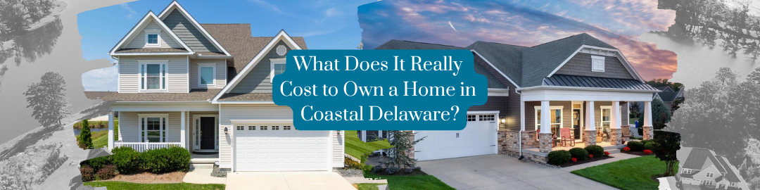Two coastal Delaware homes with gray siding and two-car garages, with the title