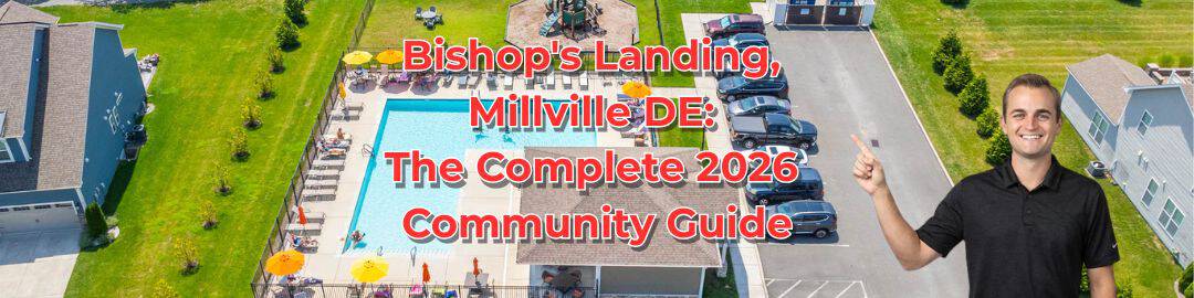 Aerial view of Bishop's Landing community pool in Millville, DE, with Ryan McCoy of The Real McCoy Group pointing to the title "Bishop's Landing, Millville DE: The Complete 2026 Community Guide"