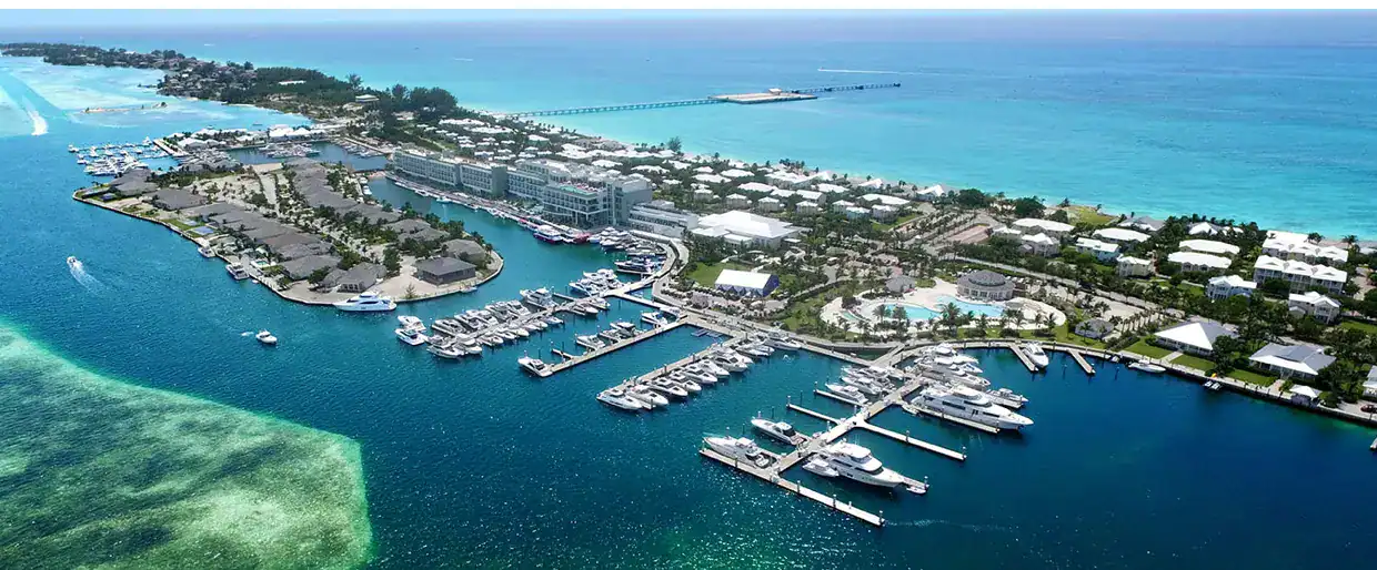 Aerial view of the Bimini coastline with elevated ocean view homes