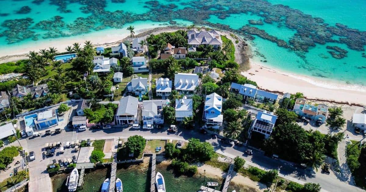 Elbow Cay north end Abaco Bahamas — aerial view of waterfront homes and beachfront real estate