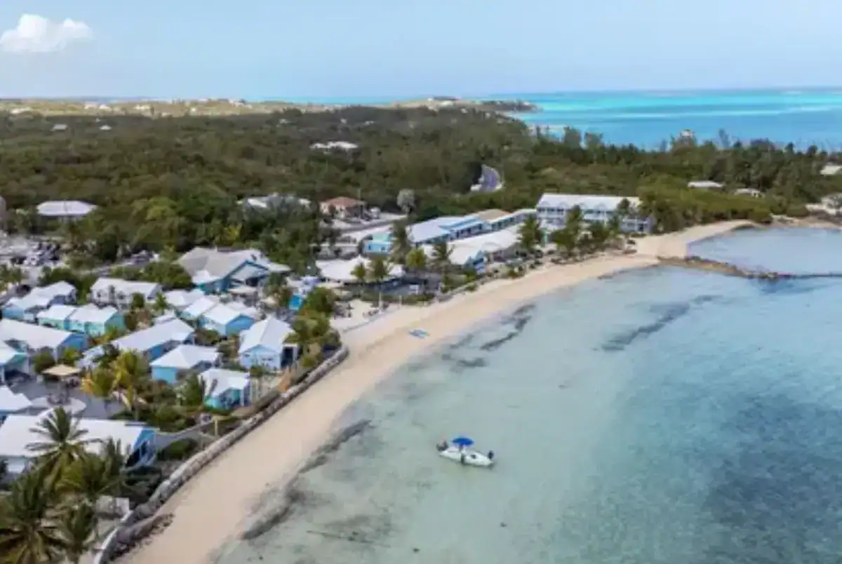 Aerial view of waterfront hotel property in The Bahamas