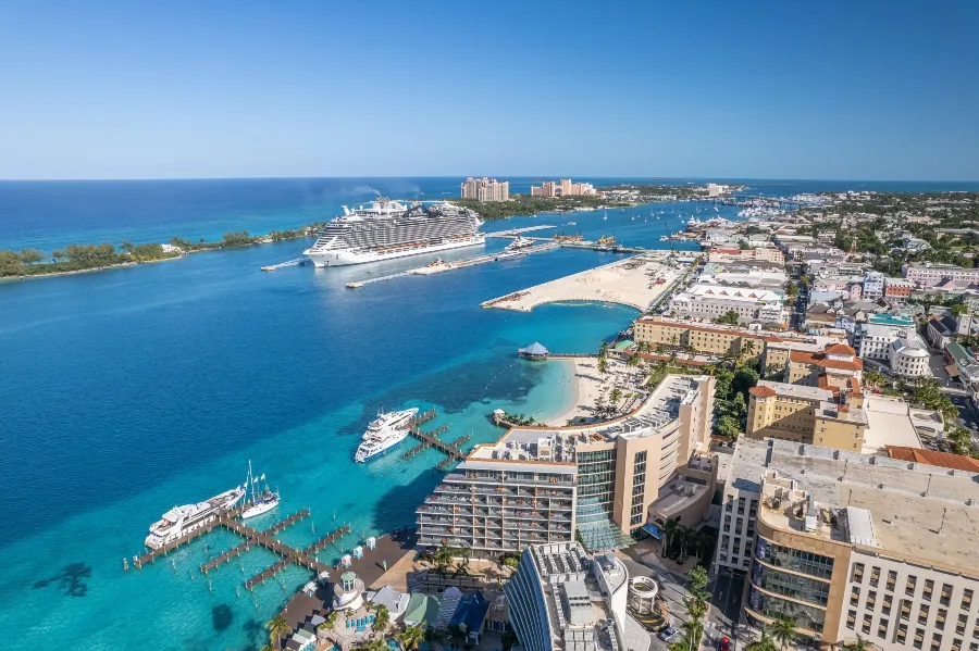 The drone panoramic view of downtown district of Nassau city and Paradise Island, Bahamas