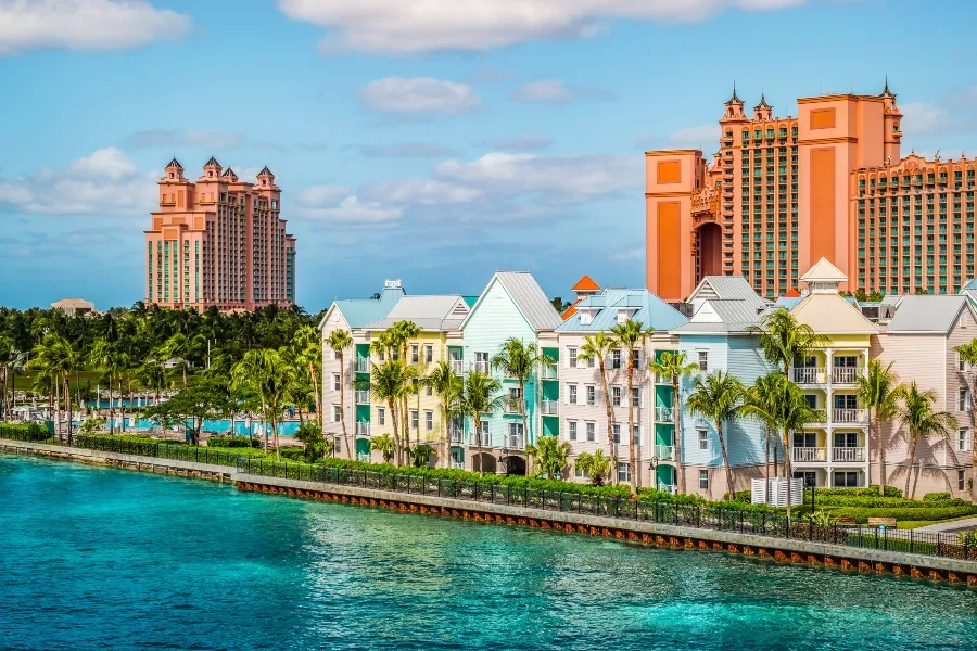 Colorful houses along the waterfront at the ferry terminal of Paradise Island