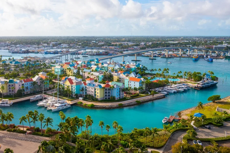 Harborside Villas aerial view at Nassau Harbour with Nassau downtown at the background