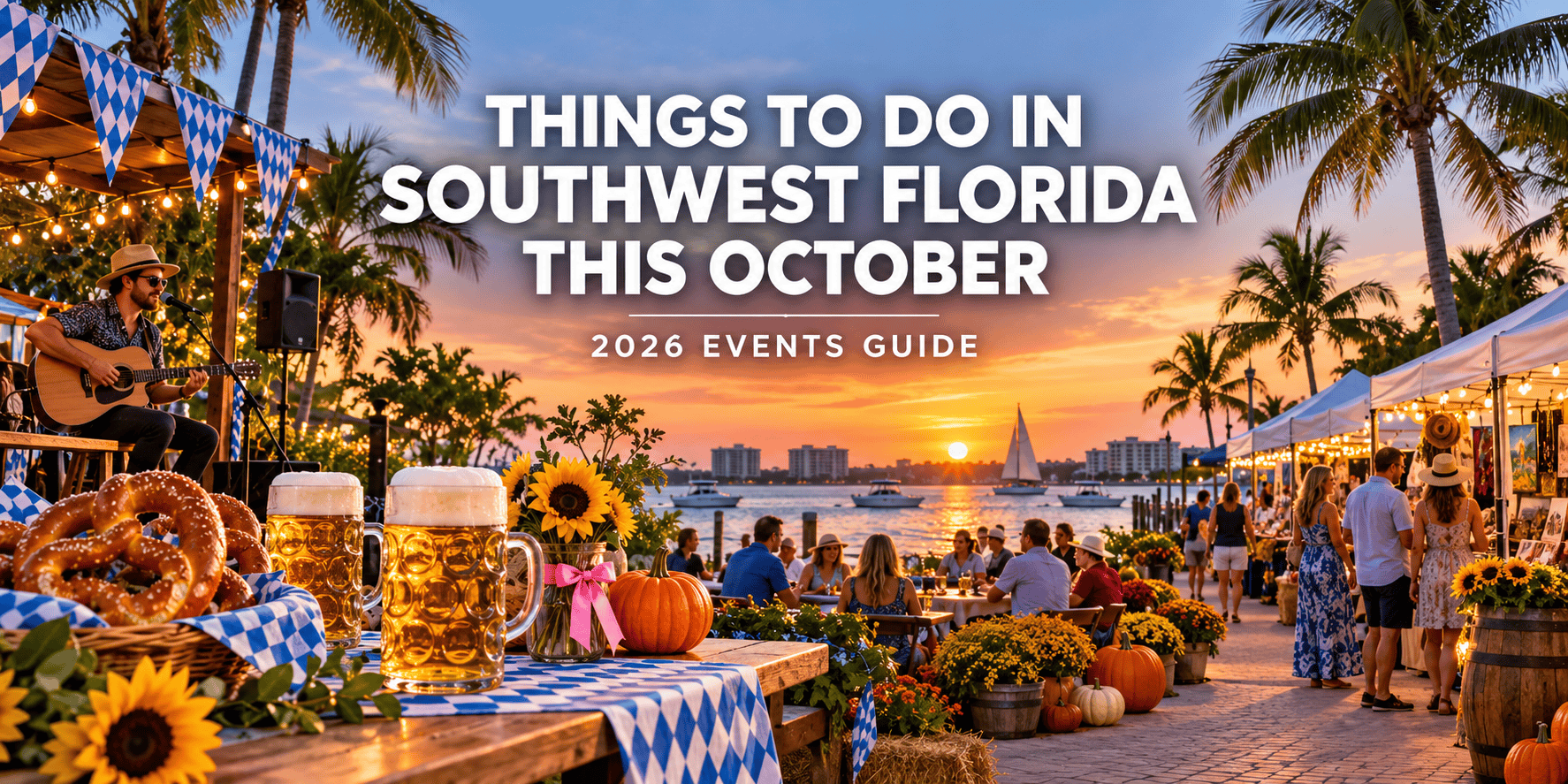 October 2026 events in Southwest Florida featuring a Gulf Coast sunset, Oktoberfest celebration, pumpkins, live music and a waterfront fall market.
