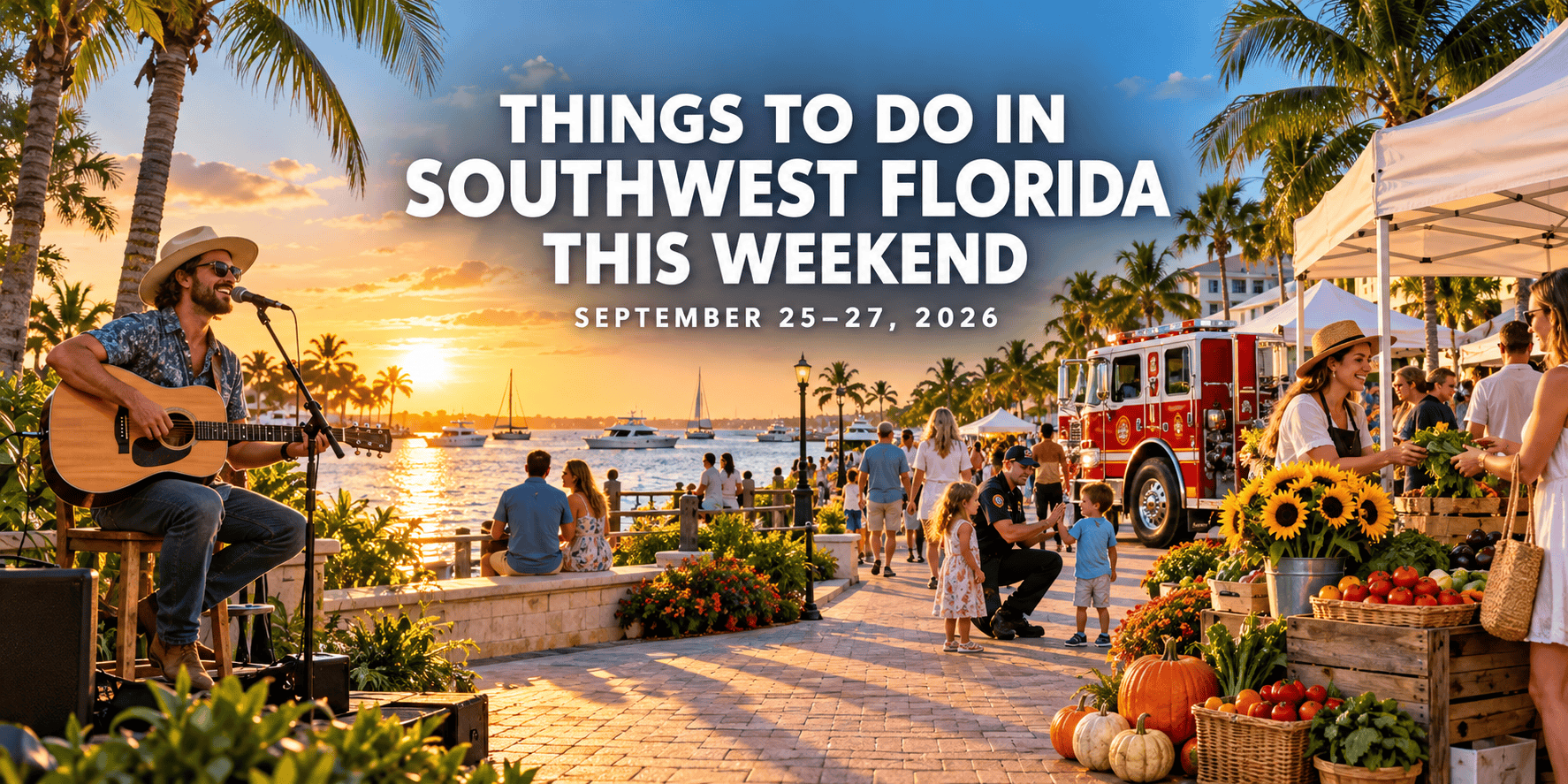 Things to do in Southwest Florida September 25–27, 2026, featuring a Gulf Coast sunset, live music, a fall festival, farmers market and family activities.