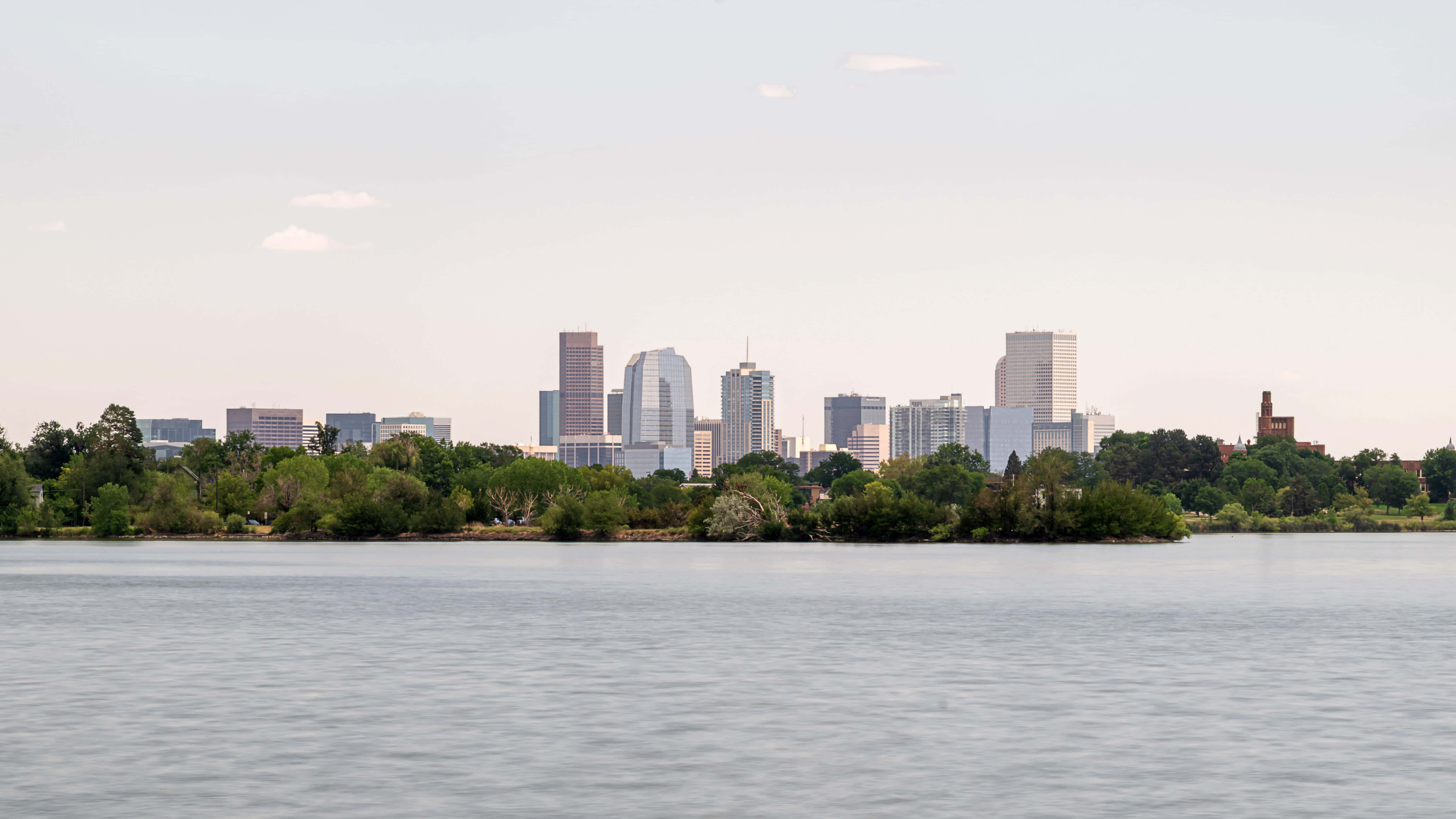 Denver Skyline viewed from the bike path on Sloan Lake