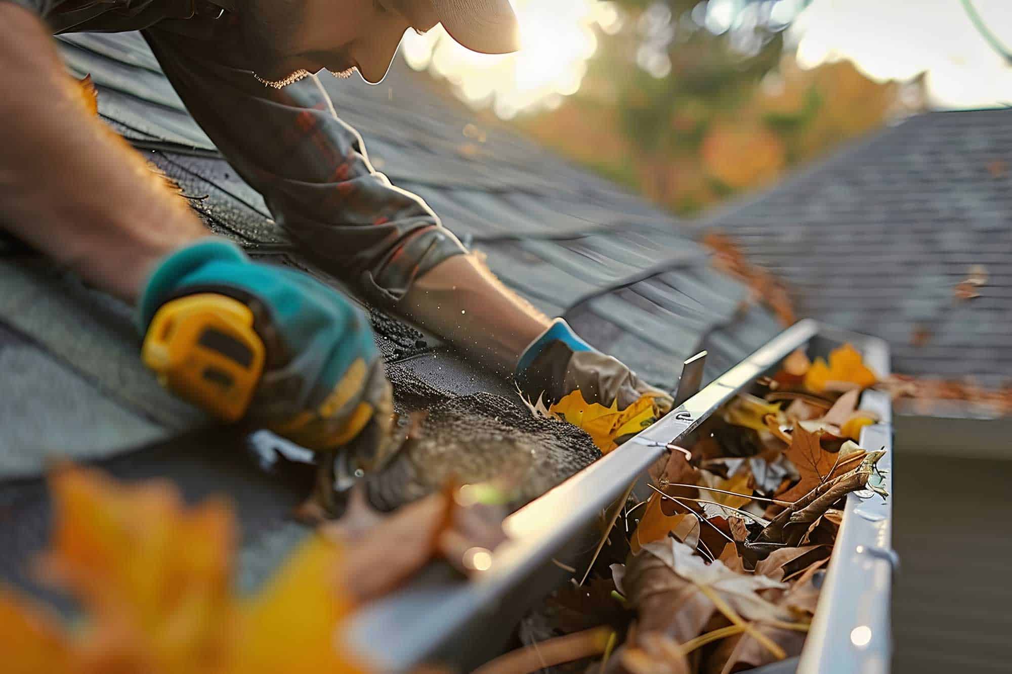 Man cleaning gutters full of leaves