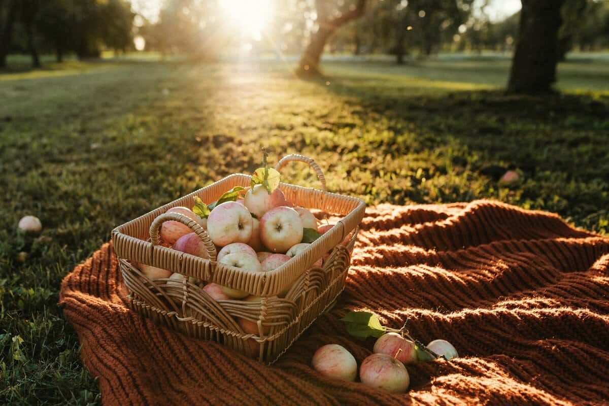 Basket of apples on a knit blanket in a Denver-area orchard at golden hour