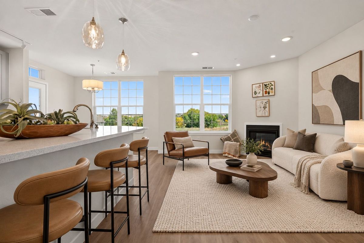 Open living room with a fireplace beside the kitchen island at Hunters Chase